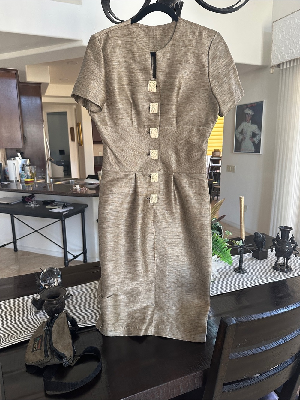 Gold Sheen Short-Sleeve Sheath Dress